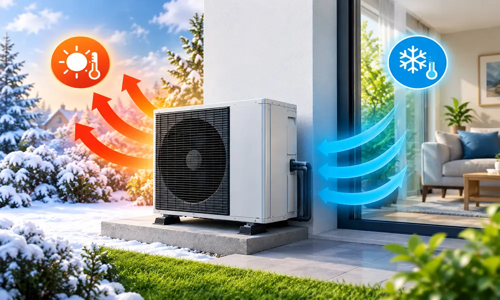 Heat pump providing heating and cooling for a home